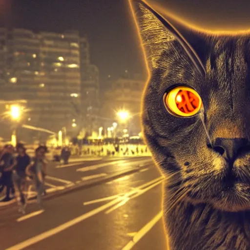 Image similar to a hairy giant cat destroying barcelona with laser eyes