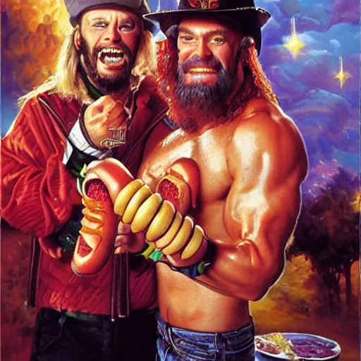 Image similar to portrait of wwf macho man randy savage and wcw sting sharing hotdogs, an oil painting by ross tran and thomas kincade