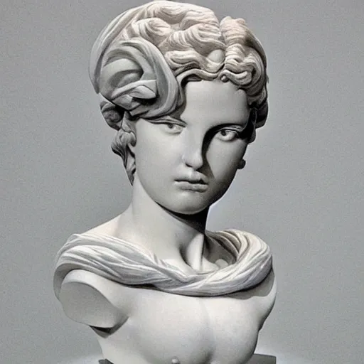 Prompt: Alanis Morisette as a beautiful marble bust of the goddess of the moon, with ribbons in the style of Escher, by Michelangelo