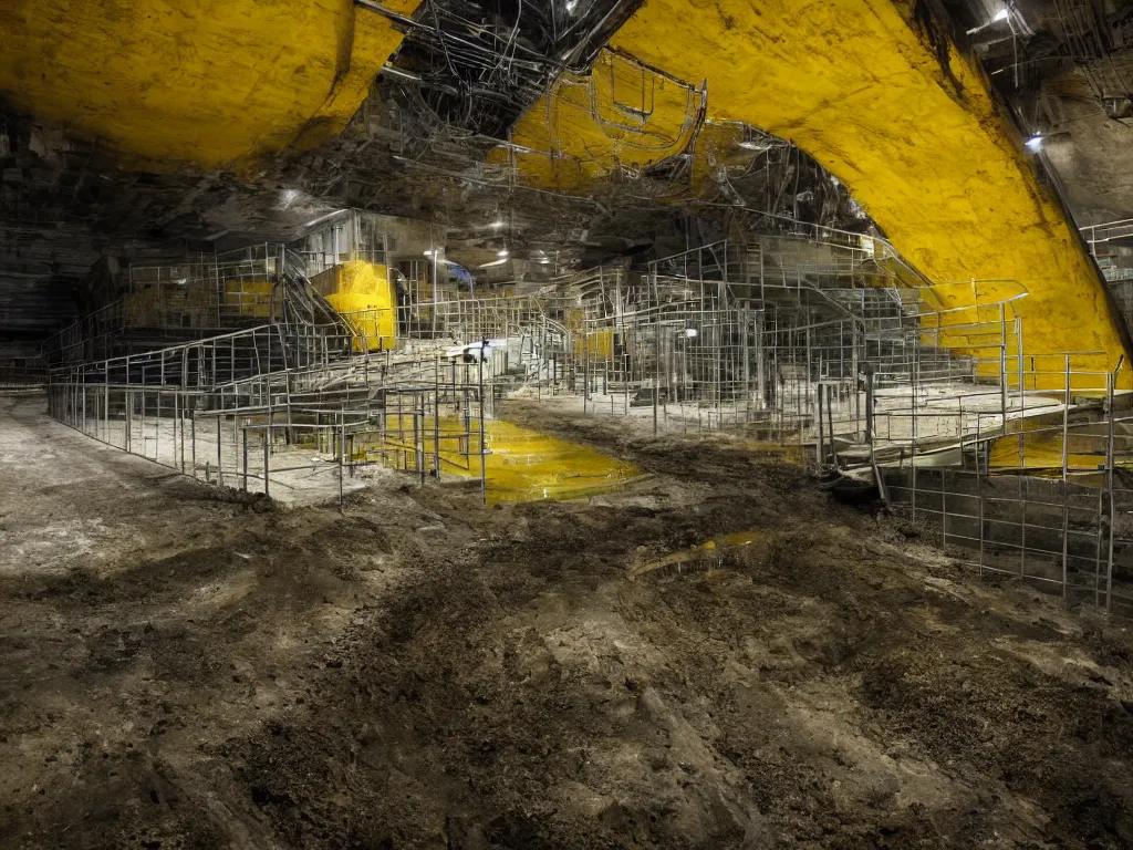 Image similar to photo of an underground waste facility, dark gloomy lighting, metal catwalks over yellow pools of sludge