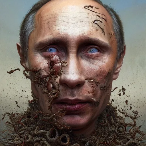 Image similar to a portrait of vladimir putin's whole face made of worms and maggots, macabre, horror, by donato giancola and greg rutkowski and wayne barlow and zdzisław beksinski, realistic face, visible face, digital art, artstation, symmetry