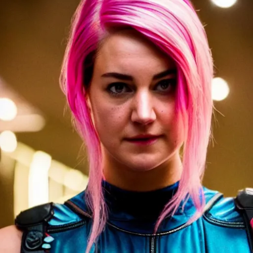 Prompt: A still of Shailene Woodley as Gwenpool in Deadpool 3 (2023), blonde hair with pink highlights, no mask