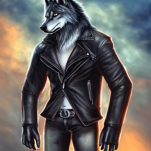 Image similar to A wolf with a small head wearing a leather jacket and leather jeans and leather gloves, trending on FurAffinity, energetic, dynamic, digital art, highly detailed, FurAffinity, high quality, digital fantasy art, FurAffinity, favorite, character art