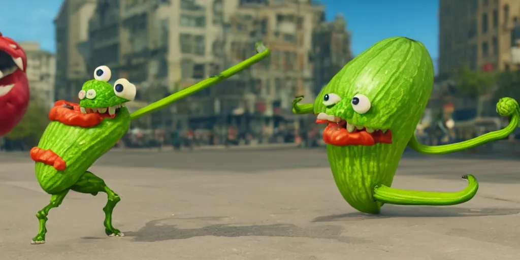 Image similar to detailed 3 d render of a bad zucchini character with arms and legs and a long sword!! chasing after a tomato character, hyper realistic octane render, cinematic lighting, deviantart, frame from independent movie