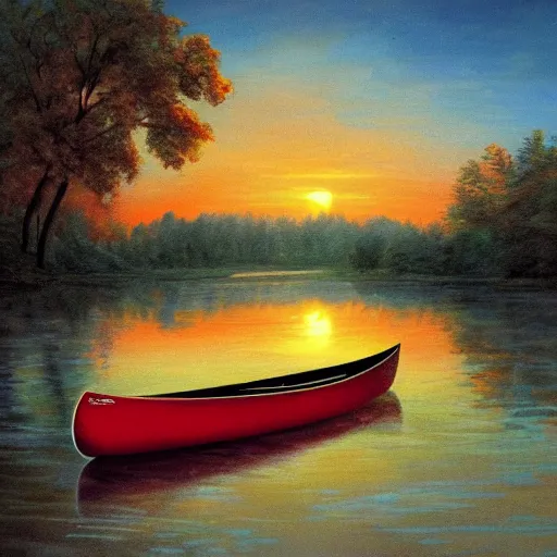 Image similar to canoe in a river, romanticism art style, red sunset