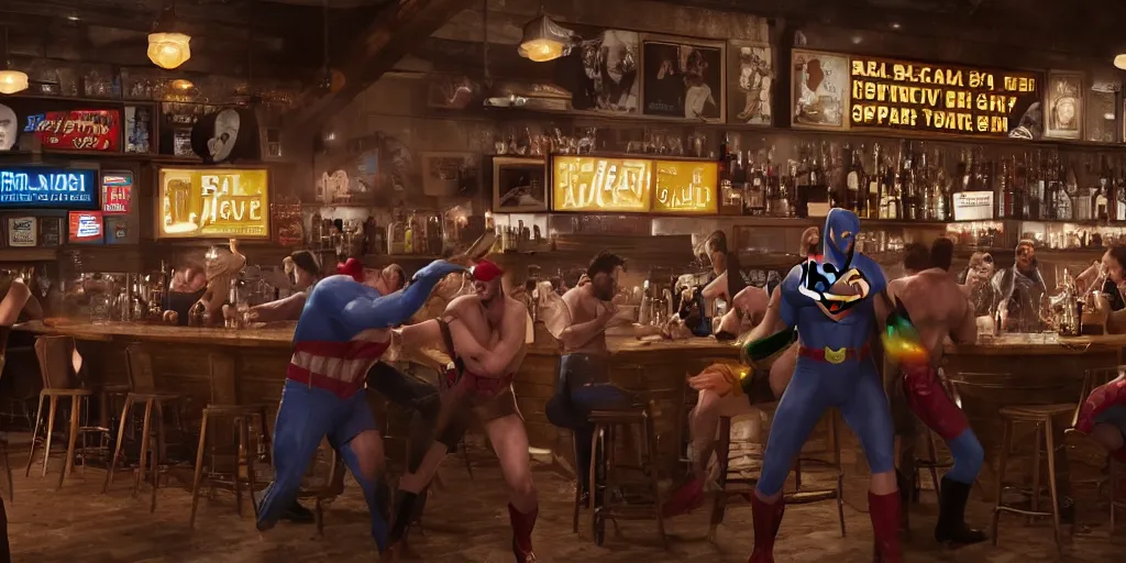 Prompt: a bar fight inside a pub between costumed super heroes, 4k, hyperrealism, photorealistic, crisp details, wide angle lens, octane render, caustics