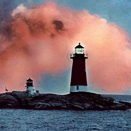 Prompt: movie still of Godzilla attacking the Peggy's cove lighthouse