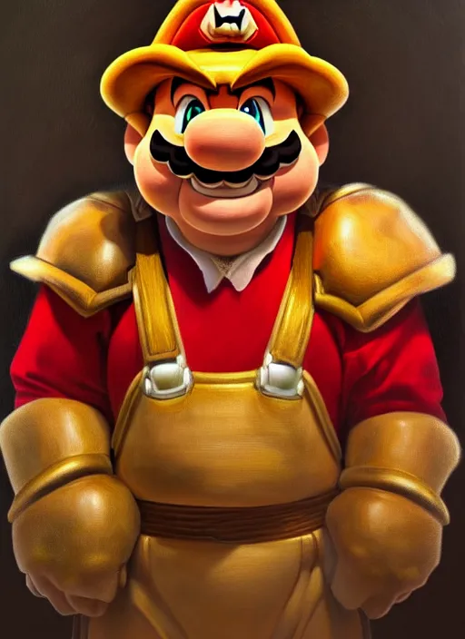 Prompt: oil portrait of bowser from super mario, intricate, elegant, highly detailed, lighting, painting, artstation, smooth, illustration, art by greg rutowski and alphonse mucha
