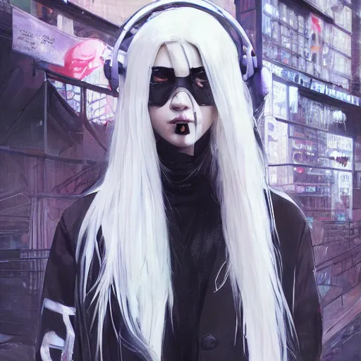 Image similar to very cool girl white hair girl with mask, streetwear, techwear, cyberpunk style outfit, full body, nose piercing, detailed portrait, intricate complexity, by greg rutkowski, cushart krentz, artgerm, ross tran, conrad roset, takato yomamoto, ilya kuvshinov. 4 k, beautiful, cinematic dramatic atmosphere