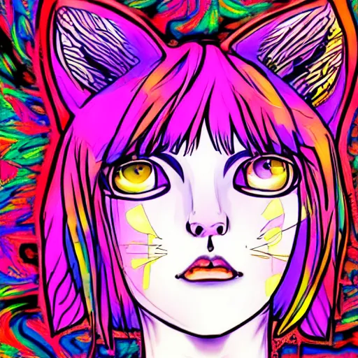 Image similar to catgirl with short hair, psychedelic art, anime style, highly detailed, LSD