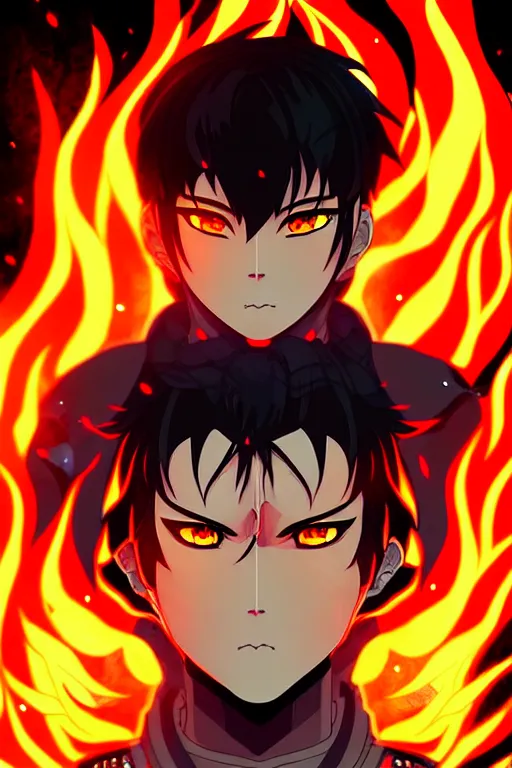 Image similar to a detailed manga portrait illustration of a dark haired cyborg anime man surrounded by fire, detailed artwork, realism, 4 k resolution, detailed, high quality, sharp focus, hq artwork, insane detail, volumetric lighting, character concept art, fine details, clear subject, central subject