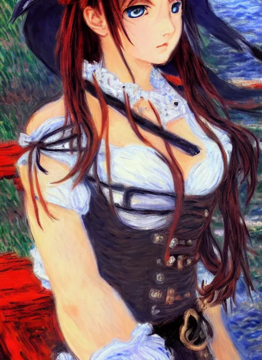 Image similar to a portrait of a female pirate, very anime in impressionist style, trending artwork, 4 k, anime painter studio, by claude monet