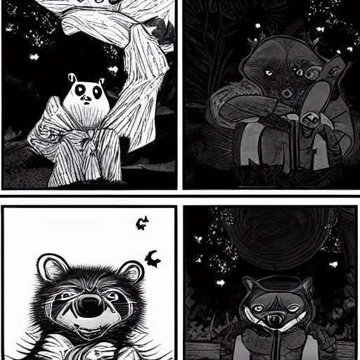 Image similar to 🦝🏝, comic art, digital art, spooky, black and white