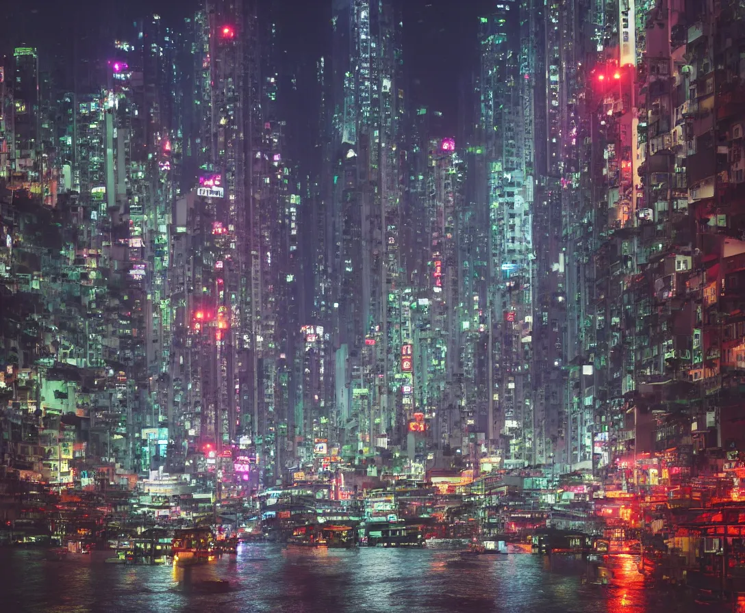 Image similar to hong kong in 2042, night time, rain, surreal atmosphere