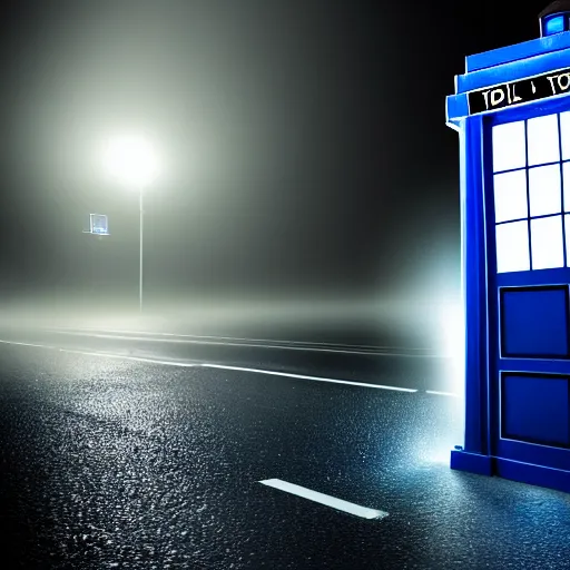 Image similar to a hyperdetailed photograph of the tardis sat on a futuristic street corner, night, dense fog, rain, hd, 8 k resolution