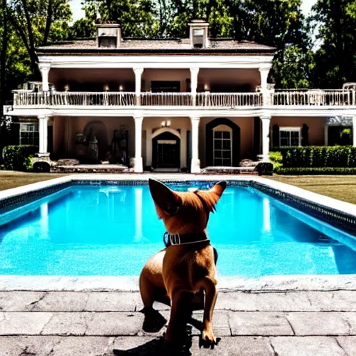 Image similar to a very detailed photo of a dog smoking a cigar outside the mansion by the pool