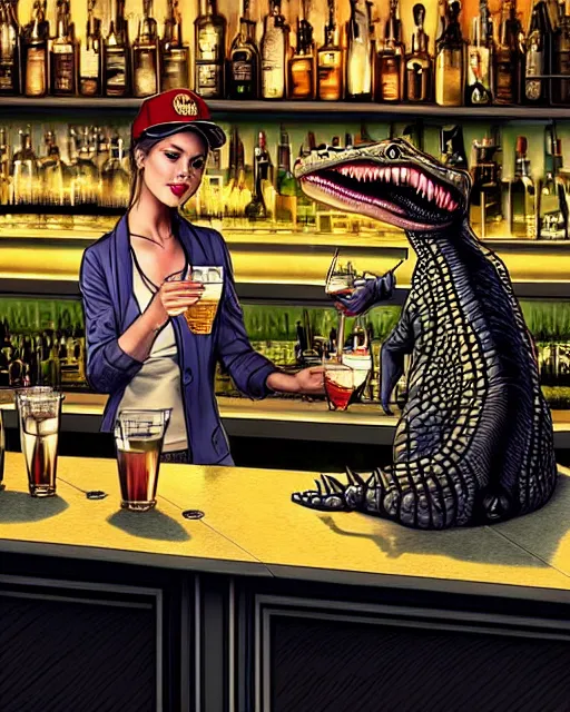 Image similar to a photo of an alligator serving drinks at a bar, fine - face, realistic shaded, fine details. realistic shaded lighting, artgerm, trending on art station