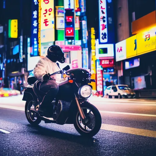 Image similar to duck driving a motorcycle through tokyo at night