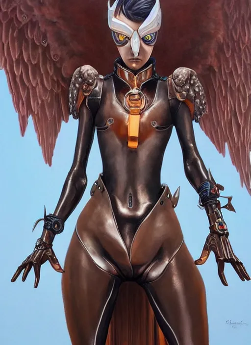 Image similar to full body artwork of tracer overwatch wearing leather collar in style of zdzisław beksinski, angel wings, dramatic painting, symmetrical composition, wearing detailed leather collar, black shiny armor, chains, black harness, detailed face and eyes,