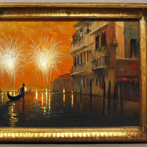 Image similar to an oil painting of couple kissing, in a background fireworks in venice