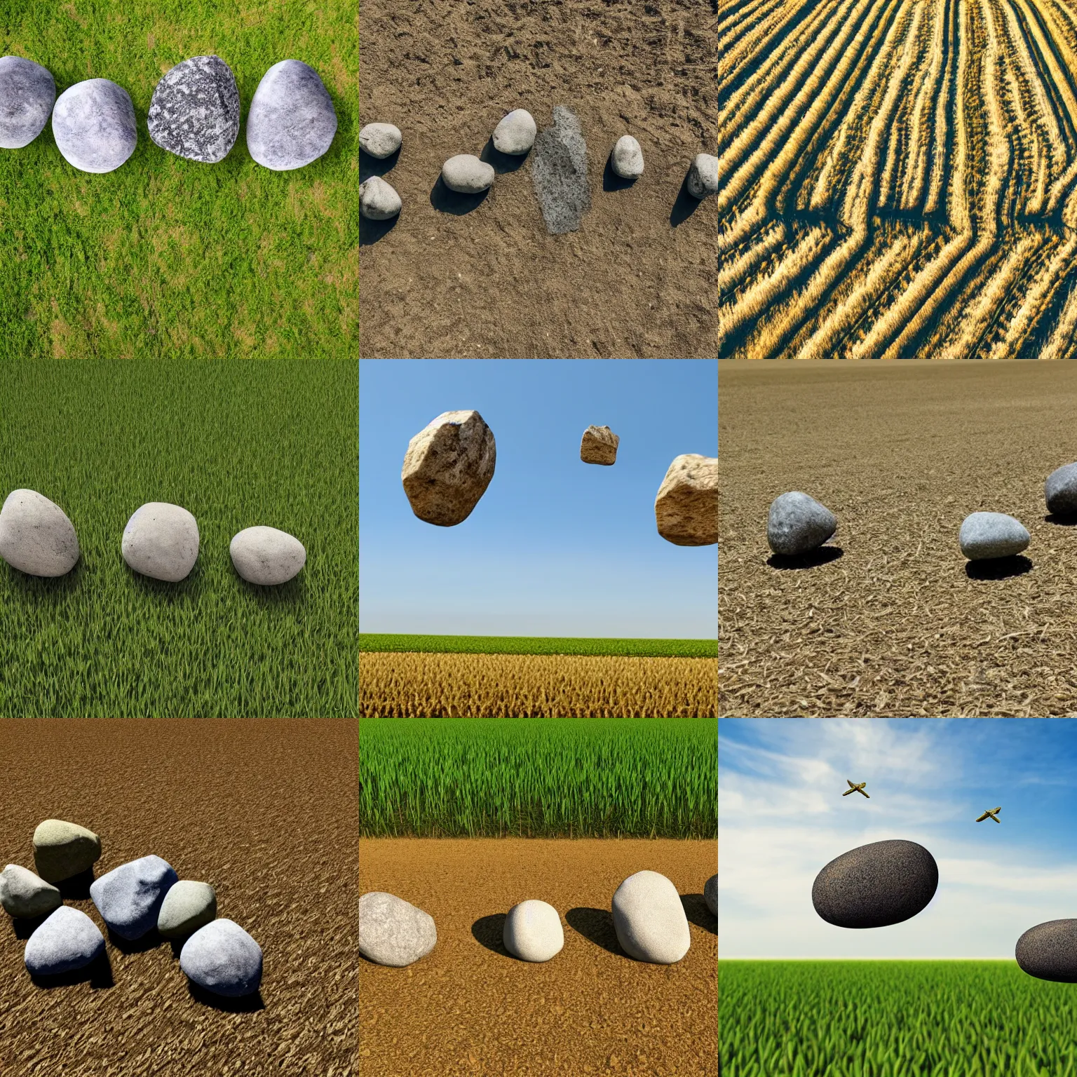 Prompt: 3 flying rocks in a line compostion above a cornfield