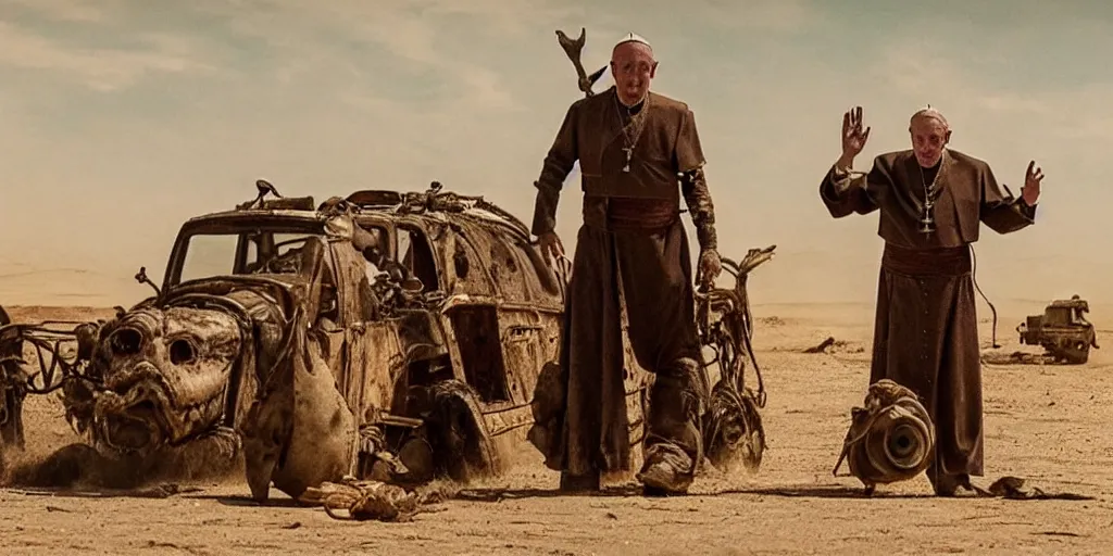 Prompt: still frame of pope francis as the pope of the wastelands in mad max: fury road (2015) 8k UHD award winning