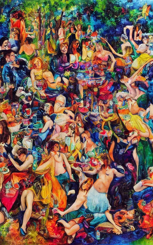 Image similar to social encounters, depictions of the scene and free love hangs - al fresco, postmodern painting, summer of love, sensuous, abstracted, highly detailed, hd