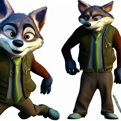 Prompt: portrait, 3d render , anthropomorphic wolf male , wearing a torn knee length jacket , in the style of Zootopia
