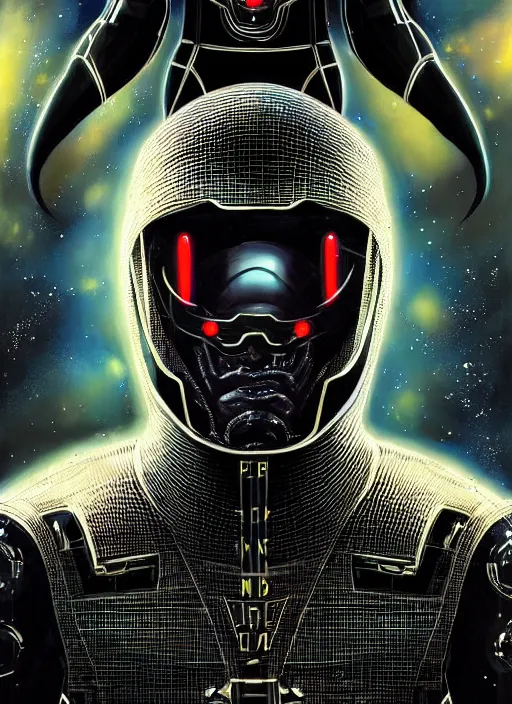 Image similar to handsome black man, cyber suit, character portrait, portrait, close up, concept art, intricate details, highly detailed, vintage sci - fi poster, retro future, vintage sci - fi art, in the style of chris foss, rodger dean, moebius, michael whelan, katsuhiro otomo, and gustave dore