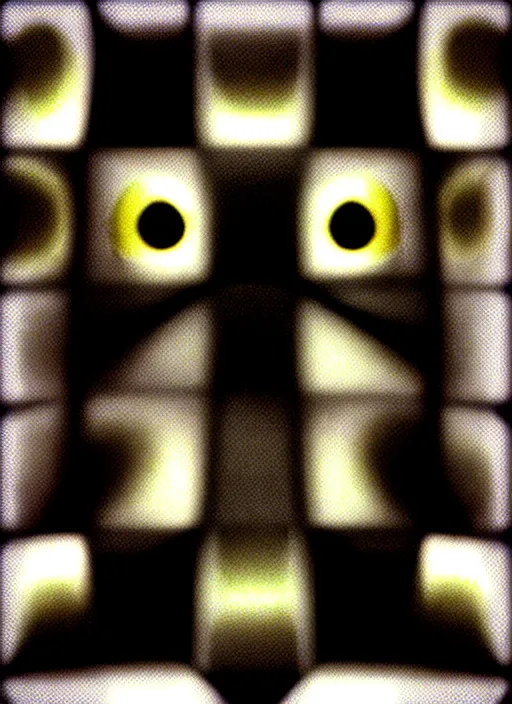 Image similar to grid montage of cube shaped eyes, square shaped black dilated pupils, cube shaped irises, detailed colored textures, eyelashes, advanced art, art styles mix, from wikipedia, wet reflections in square eyes, sunshine light, hd macro photograph, from side, various eyelid positions, square black pupil centered