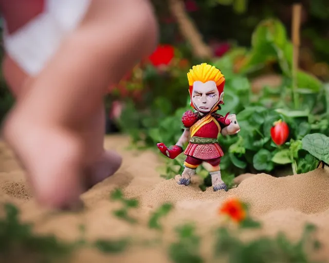 Image similar to 8 5 mm food photography of a kratos toy near a garden with sand with dof and bokeh and flowers o