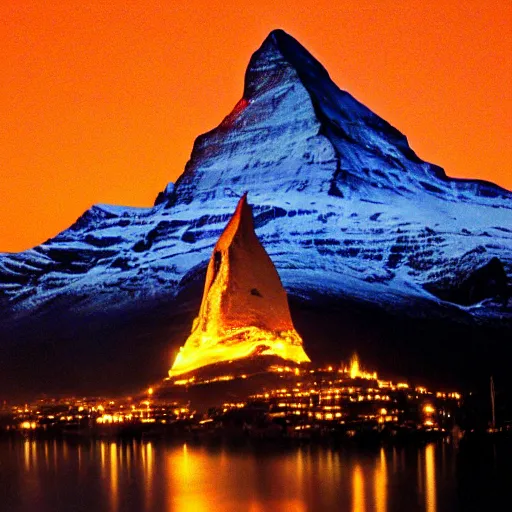 Prompt: a photo at nighttime of llumination of the matterhorn in the colors of indian flag, projected illuminated on the matterhorn mountain at night