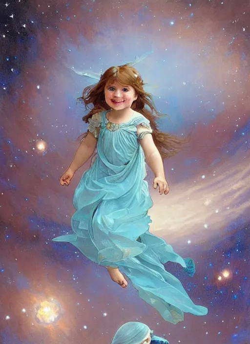 Image similar to a cute little girl with a round cherubic face, blue eyes, and short wavy light brown hair smiles as she floats in space with stars all around her. She is wearing a turquoise dress. Beautiful painting by Artgerm and Greg Rutkowski and Alphonse Mucha