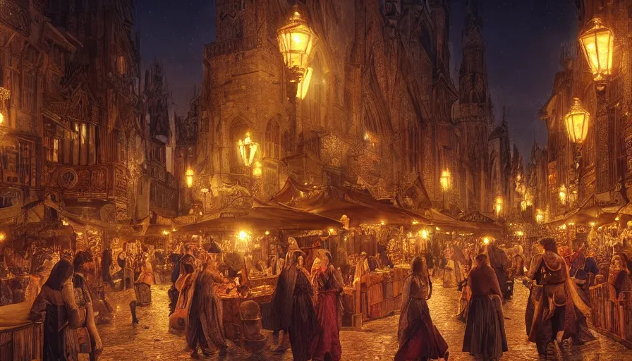 Image similar to medieval city festival near lake at night, beautiful lit lamps, 8 k highly detailed art, intricate, stanley lau, artgerm, artstation, smooth, far shot, wlop, alphonse mucha, cinematic shot, cinematic lighting