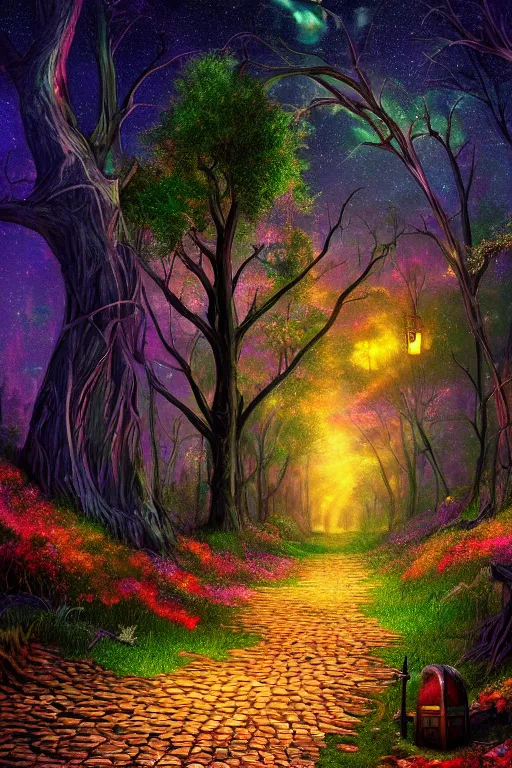 Image similar to a beautiful digital glossy clear sharp of a detailed gothic fantasy fireflies forest trees roots mushrooms fireflies moonlight and iron gate cobblestone pathway vines colorful sky by james gurney, 8 k resolution trending on artstation concept art digital illustration