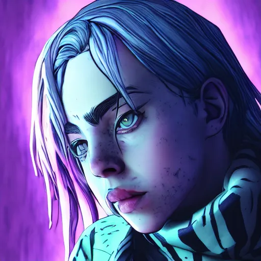 Image similar to billie eilish portrait, borderlands, tales from the borderlands, the wolf among us, comic, cinematic lighting, studio quality, 8 k