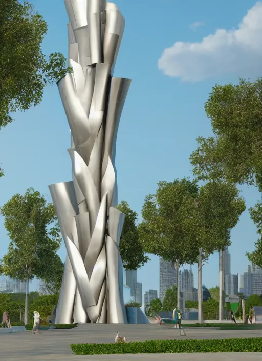 Image similar to highly detailed realistic architecture 3 d render of a futuristic stele monument in frank gehry style standing in city park, archdaily, made in unreal engine 4 octane render