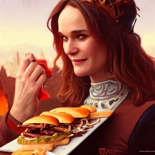 Prompt: Diane Kruger eating cheesesteaks, dripping BBQ Sauce, serving burgers, D&D, spilling ketchup, fantasy, intricate, elegant, highly detailed, digital painting, artstation, concept art, matte, sharp focus, illustration, hearthstone, art by Artgerm and Greg Rutkowski and Alphonse Mucha