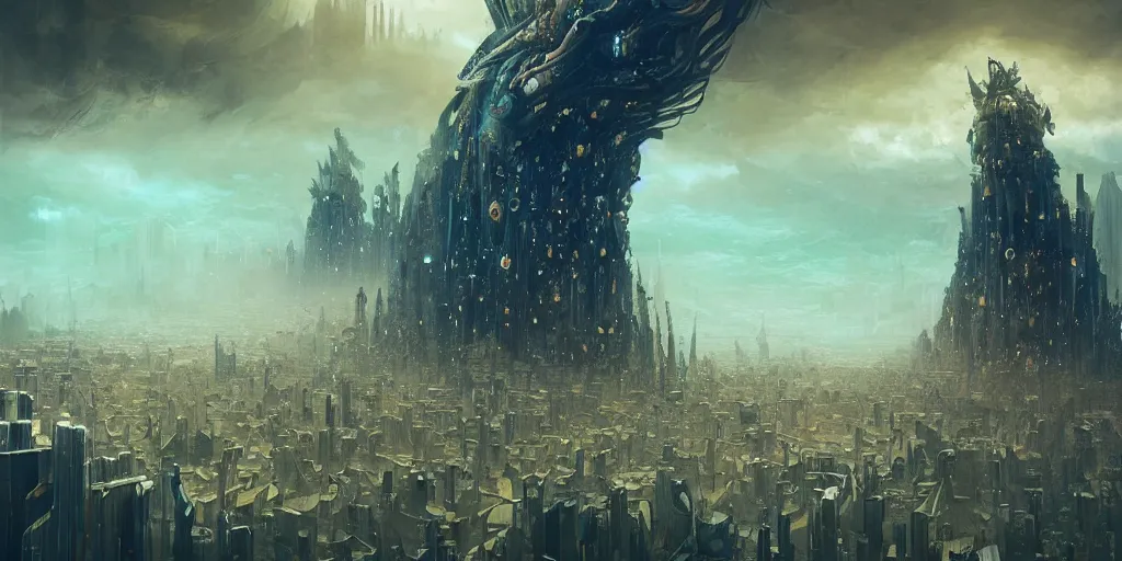 Prompt: monster looms over scifi city, acanthus scroll, ceremonial clouds, dripping paint, fibonacci rhythm, kelp, barnacle, artstation, art germ, wlop, karol bak, christopher balaskas