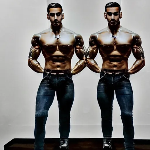 Prompt: a realistic detailed photo of a guy who is an attractive humanoid who is half robot and half humanoid, who is a male android, singer maluma, shiny skin, posing like a statue, blank stare, in a living room, on display, showing off his muscles, with a twin