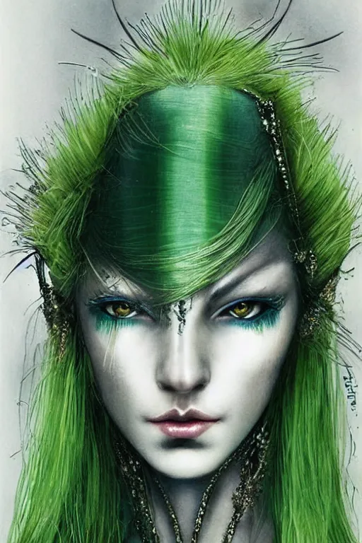 Image similar to beautiful symmetrical portrait of a woman with green hair, feathered silk dress, sparkling eyes, runny make up by luis royo and alan lee