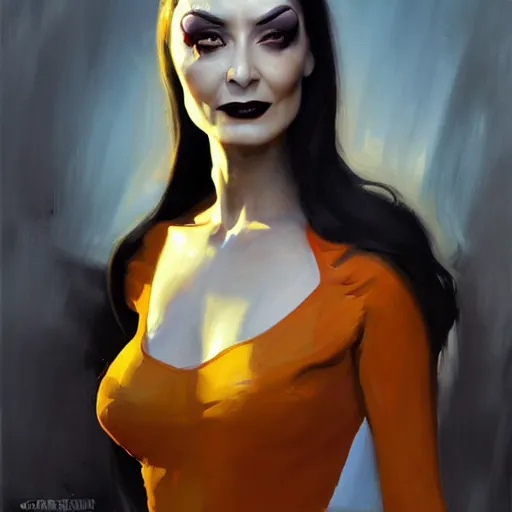 Image similar to greg manchess portrait painting of partially armored morticia from addams family as overwatch character, medium shot, asymmetrical, profile picture, organic painting, sunny day, matte painting, bold shapes, hard edges, street art, trending on artstation, by huang guangjian and gil elvgren and greg rutkowski