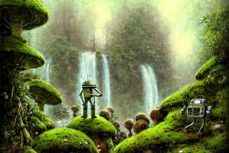 Prompt: adventurer 1 9 5 0 s retro future robot android primate in forrest of giant mushrooms, moss and flowers stone bridge waterfall. muted colors. by jean baptiste monge