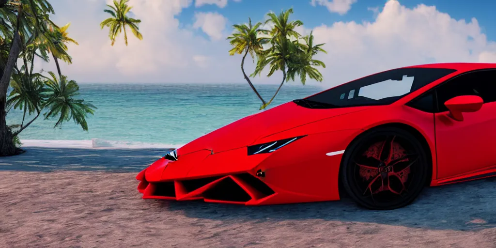 Image similar to red Lamborghini huracan!, unreal engine 5!, hyperrealistic!, cinema 4D!, dynamic lighting! Beach! Tropical paradise!, cinematic landscape!, studio landscape! Amazing ultra quality!