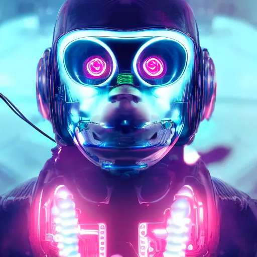 Prompt: a cyborg monkey, sci-fi, cyborg, close-up, cybernetic implant, neon, cyberpunk, center frame portrait, 8k, concept art, portrait, matte-painting