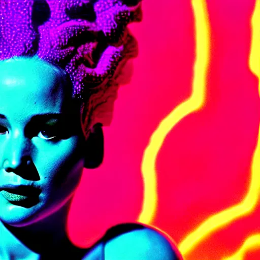 Image similar to jennifer lawrence as the bride of frankenstein, macro photography, glowing retinas, vaporwave, fuscia cyan yellow white light