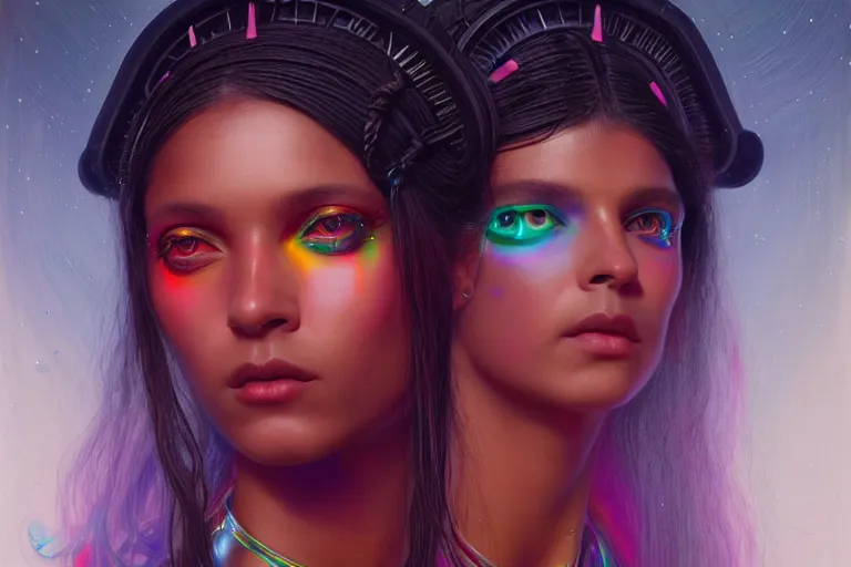 Prompt: patron saint of 🛸🌈👩🏾, long braids, futuristic clothing, neon god of city character portrait, in the style of moebius, tom bagshaw, and waterhouse, cinematic lighting, beautiful, elegant, sharp focus, oil painting, white eye contacts