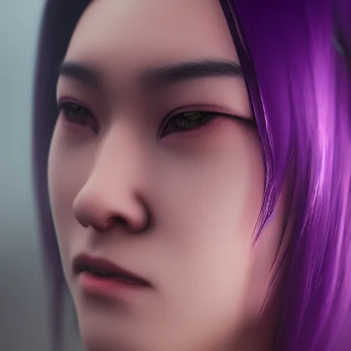 Image similar to Close up portrait of a young Asian Cyberpunk woman with dark purple hair, 3d render, Unreal Engine, octane render, ray tracing, Unity, highly detailed, high quality, HD, 4k, 8k, realistic, sharp, trending