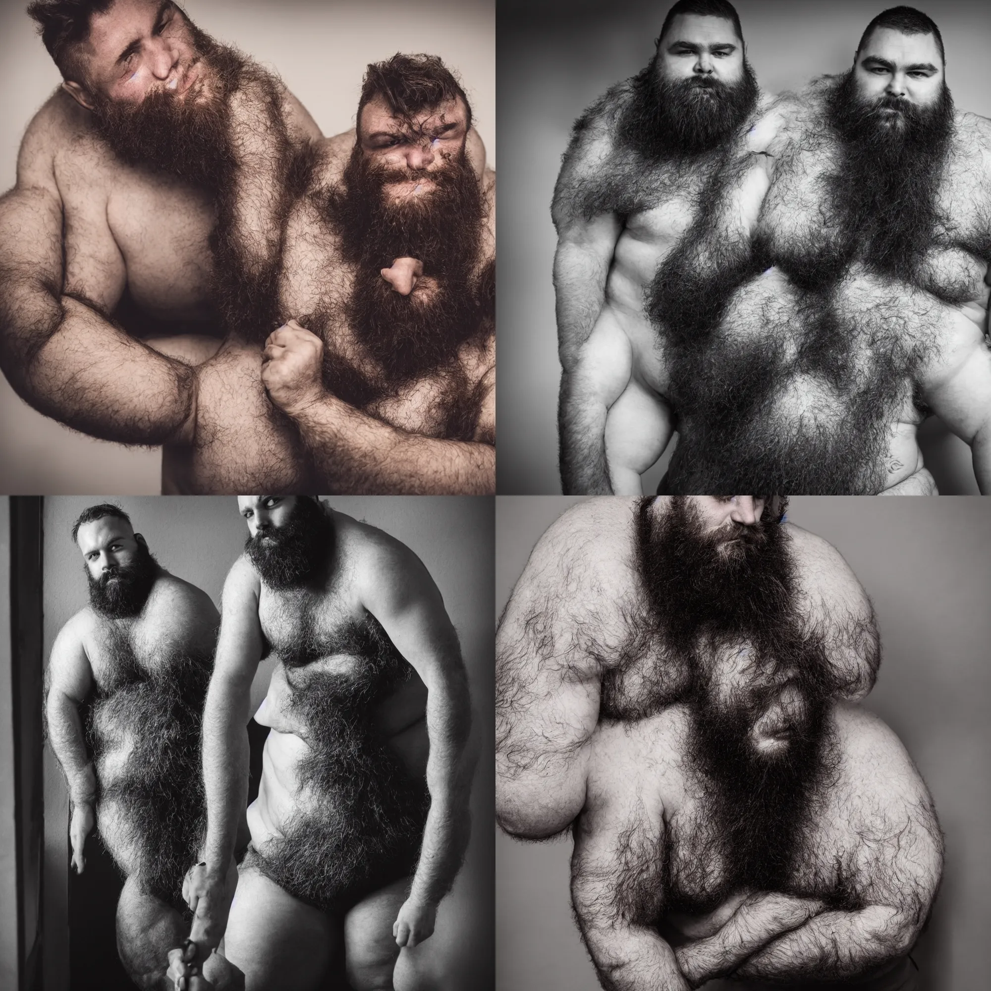 Prompt: Photography of a single man alone in a dark room, burly man, thick man, manliness given form, very hairy, thick beard, highly detailed, HD, epic, tall man