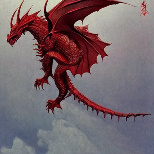 Image similar to red dragon concept, dragon head, dragon body, wings on the back, beksinski